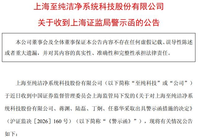 会计违规导致2021年—2024年财务数据不准确,至纯科技及四名时任高管收警示函,公司此前连续三年年报遭交易所问询